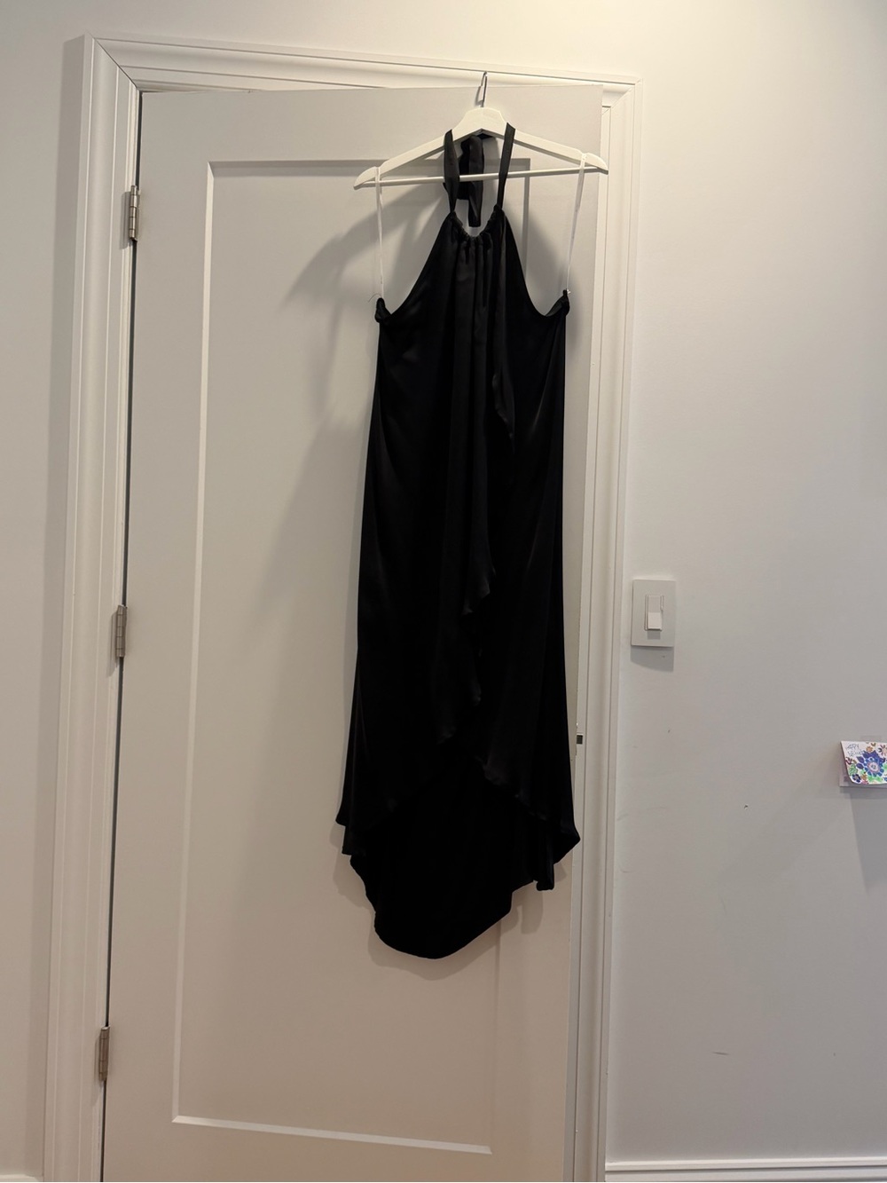 Ella Moss Black Halter High-Low Dress with Draped Front in Satin